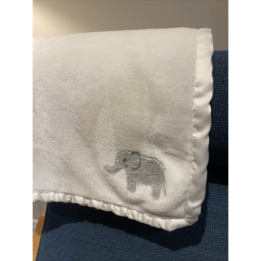 Carter's OS White Baby Blanket Satin Trim Embroidered Gray Elephant Soft Fleece
